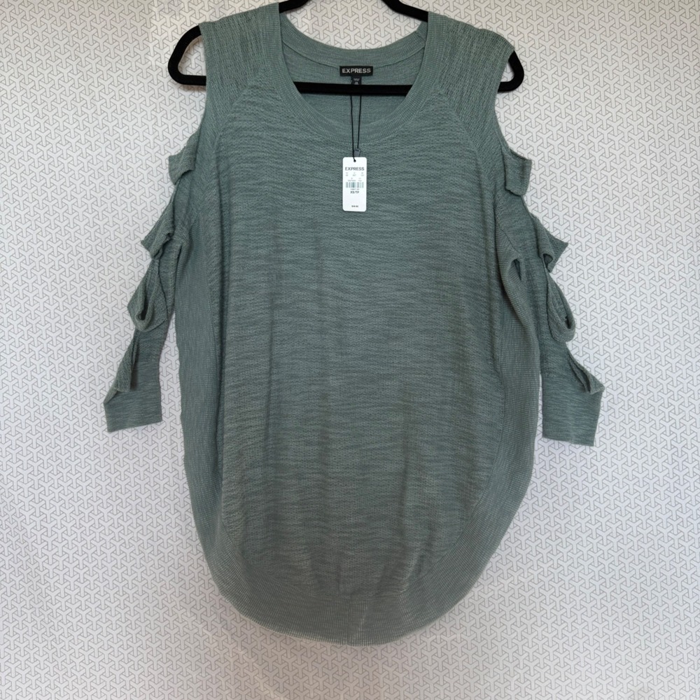 EXPRESS Cold Shoulder Sweater Ribbed Knit Ties Green XS